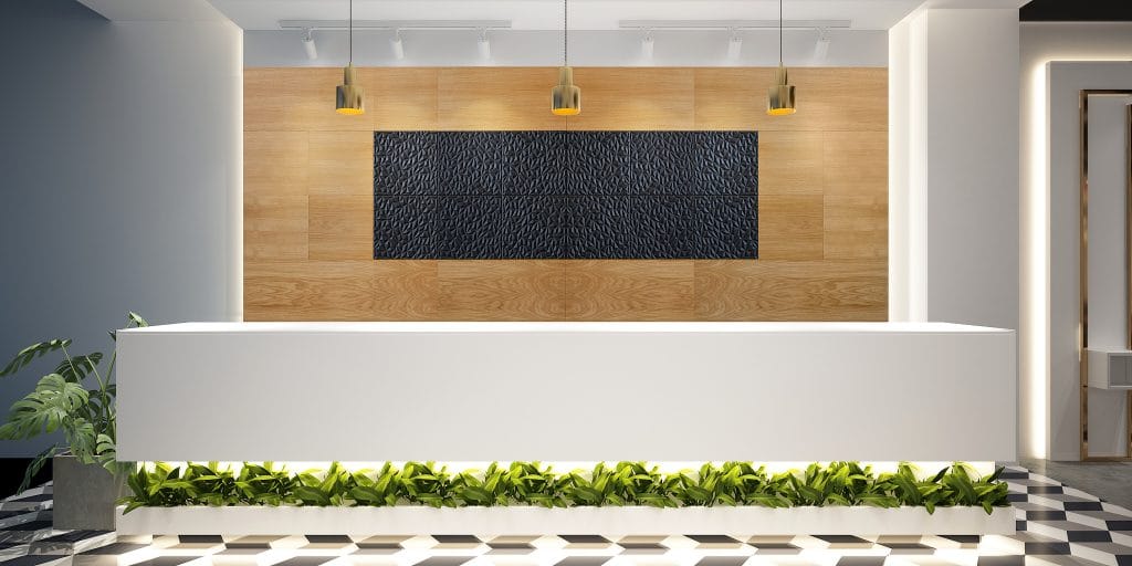 Reception Area Feature with Designer Series - Wade: Facets + Wood Veneer: Walnut