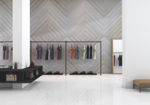 3d Interior of a modern clothing store. Minimalistic style. Clothes
