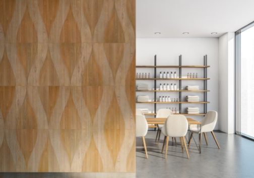 Empty white poster on the partition wall of the hotel loft interior with shelving unit and table with chairs on the background. Panoramic windows. Concrete flooring. Mockup. 3d rendering